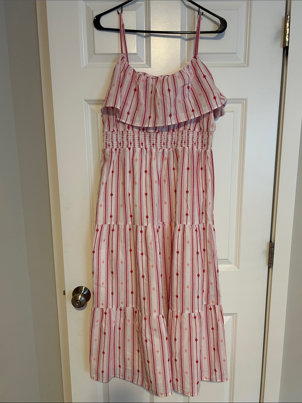 LOFT Pink and Red Striped Smocked Maxi Dress